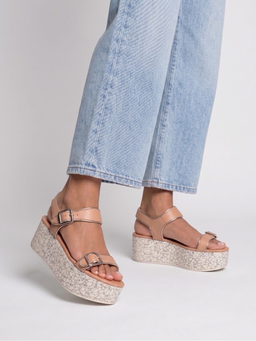 Stella McCartney Beige/Silver Faux Leather Geena Marble Platform Sandals